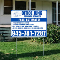 Office Junk Removal Services - Full Office Cleanouts, Secure Document Shredding, Old Computers, Monitors, Printers, Desks, Chairs, Cubicles, Filing Cabinets with Free Estimate - Plain White Blue Design YardSigns.com