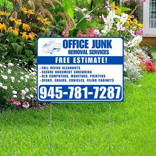 Office Junk Removal Services - Full Office Cleanouts, Secure Document Shredding, Old Computers, Monitors, Printers, Desks, Chairs, Cubicles, Filing Cabinets with Free Estimate - Plain White Blue Design YardSigns.com