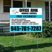 Office Junk Removal Services - Full Office Cleanouts, Secure Document Shredding, Old Computers, Monitors, Printers, Desks, Chairs, Cubicles, Filing Cabinets with Free Estimate - Plain White Aqua Blue YardSigns.com