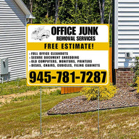 Office junk removal services yard sign offering free estimates, featuring services like full office cleanouts, secure document shredding, and disposal of old computers, monitors, desks, chairs with contact number 945-781-7287.