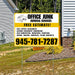 Office junk removal services yard sign offering free estimates, featuring services like full office cleanouts, secure document shredding, and disposal of old computers, monitors, desks, chairs with contact number 945-781-7287.