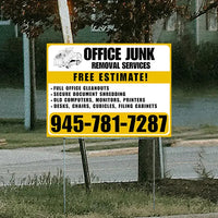 Office Junk Removal Services - Full Office Cleanouts, Secure Document Shredding, Old Computers, Monitors, Printers, Desks, Chairs, Cubicles, Filing Cabinets with Free Estimate - Plain White Mustard Gold YardSigns.com