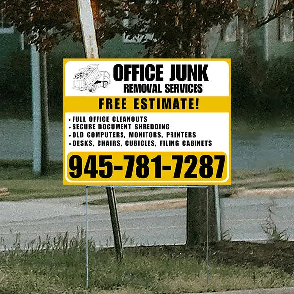 Office Junk Removal Services - Full Office Cleanouts, Secure Document Shredding, Old Computers, Monitors, Printers, Desks, Chairs, Cubicles, Filing Cabinets with Free Estimate - Plain White Mustard Gold YardSigns.com