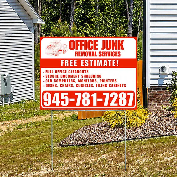 Office Junk Removal Services - Full Office Cleanouts, Secure Document Shredding, Old Computers, Monitors, Printers, Desks, Chairs, Cubicles, Filing Cabinets with Free Estimate - Plain White Chili Red YardSigns.com