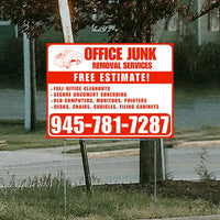 Office junk removal services sign offering free estimates, including office cleanouts, secure document shredding, disposal of old computers, monitors, printers, and furniture like desks, chairs, cubicles, with contact number 945-781-7287.