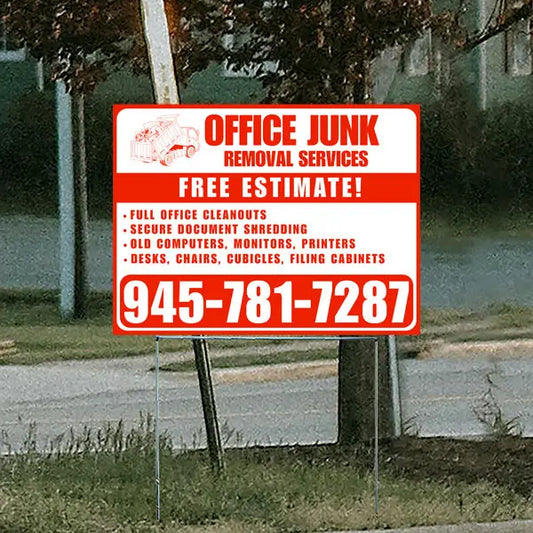 Office junk removal services sign offering free estimates, including office cleanouts, secure document shredding, disposal of old computers, monitors, printers, and furniture like desks, chairs, cubicles, with contact number 945-781-7287.