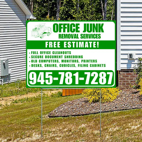 Office Junk Removal Services - Full Office Cleanouts, Secure Document Shredding, Old Computers, Monitors, Printers, Desks, Chairs, Cubicles, Filing Cabinets with Free Estimate - Plain White Green YardSigns.com