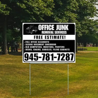 Office Junk Removal Services sign on grass, offering free estimates and services like office cleanouts, document shredding, and disposal of old electronics and furniture, contact number 945-781-7287.