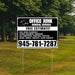 Office Junk Removal Services sign on grass, offering free estimates and services like office cleanouts, document shredding, and disposal of old electronics and furniture, contact number 945-781-7287.