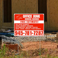 Office Junk Removal Services sign offering free estimates, featuring contact number 945-781-7287, includes services like office cleanouts, document shredding, and disposal of computers, monitors, and office furniture.