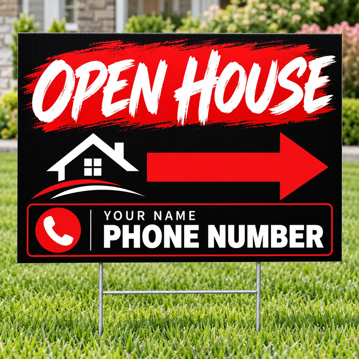Real Estate - Open House - Black Red Brush YardSigns.com