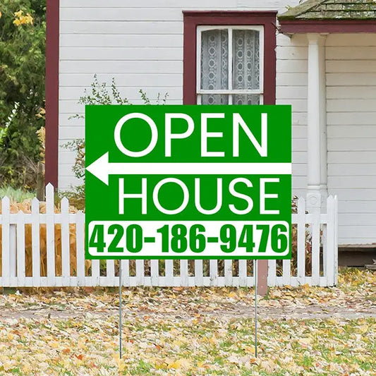 Real Estate - Open House - Plain Green White - Left Arrow Design YardSigns.com