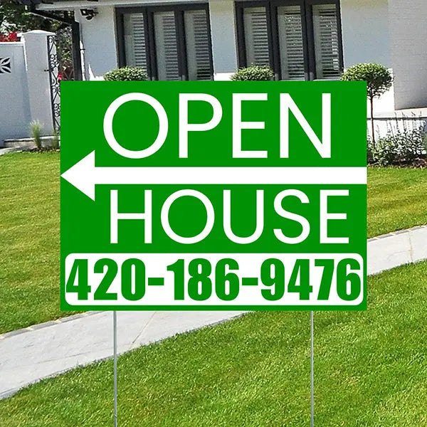 Real Estate - Open House - Plain Green White - Left Arrow Design YardSigns.com