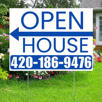 Real Estate - Open House - Plain White Blue - Left Arrow Design YardSigns.com