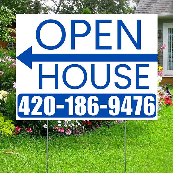 Real Estate - Open House - Plain White Blue - Left Arrow Design YardSigns.com
