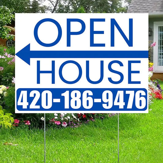 Real Estate - Open House - Plain White Blue - Left Arrow Design YardSigns.com