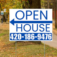 Real Estate - Open House - Plain White Blue - Left Arrow Design YardSigns.com