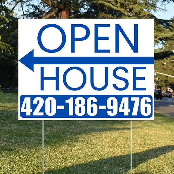 Real Estate - Open House - Plain White Blue - Left Arrow Design YardSigns.com