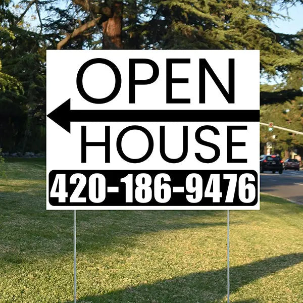 Real Estate - Open House - Plain White Black - Left Arrow Design YardSigns.com