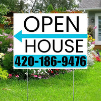 Real Estate - Open House - Plain White Aqua Blue - Left Arrow Design YardSigns.com