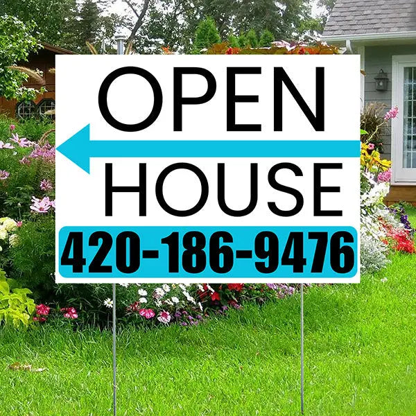 Real Estate - Open House - Plain White Aqua Blue - Left Arrow Design YardSigns.com