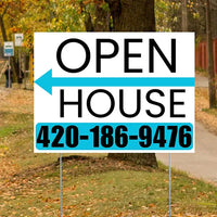 Real Estate - Open House - Plain White Aqua Blue - Left Arrow Design YardSigns.com