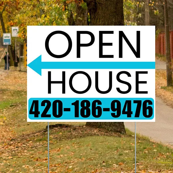 Real Estate - Open House - Plain White Aqua Blue - Left Arrow Design YardSigns.com