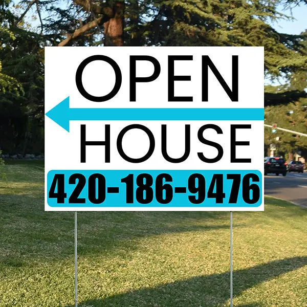 Real Estate - Open House - Plain White Aqua Blue - Left Arrow Design YardSigns.com