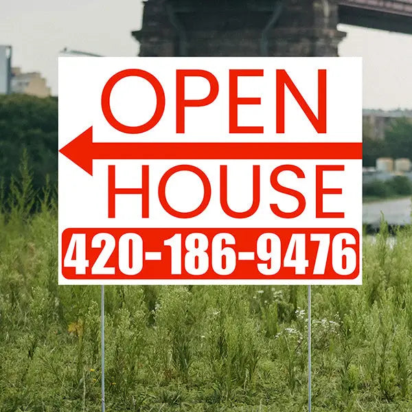 Real Estate - Open House - Plain White Chili Red - Left Arrow Design YardSigns.com
