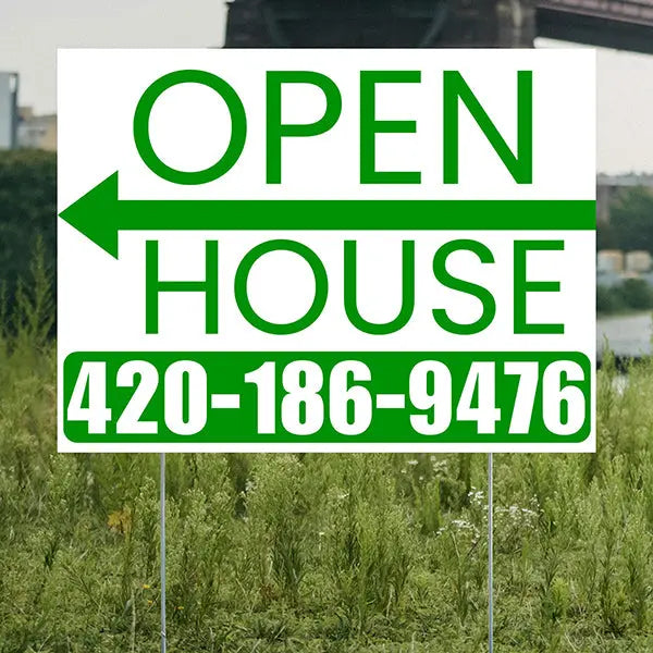 Real Estate - Open House - Plain White Green - Left Arrow Design YardSigns.com