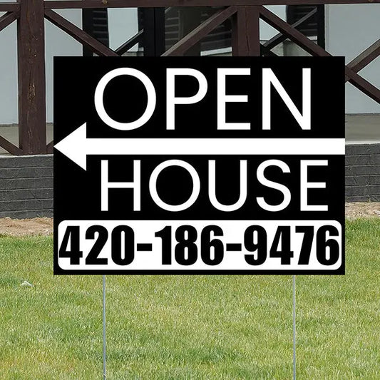 Real Estate - Open House - Plain Black White - Left Arrow Design YardSigns.com