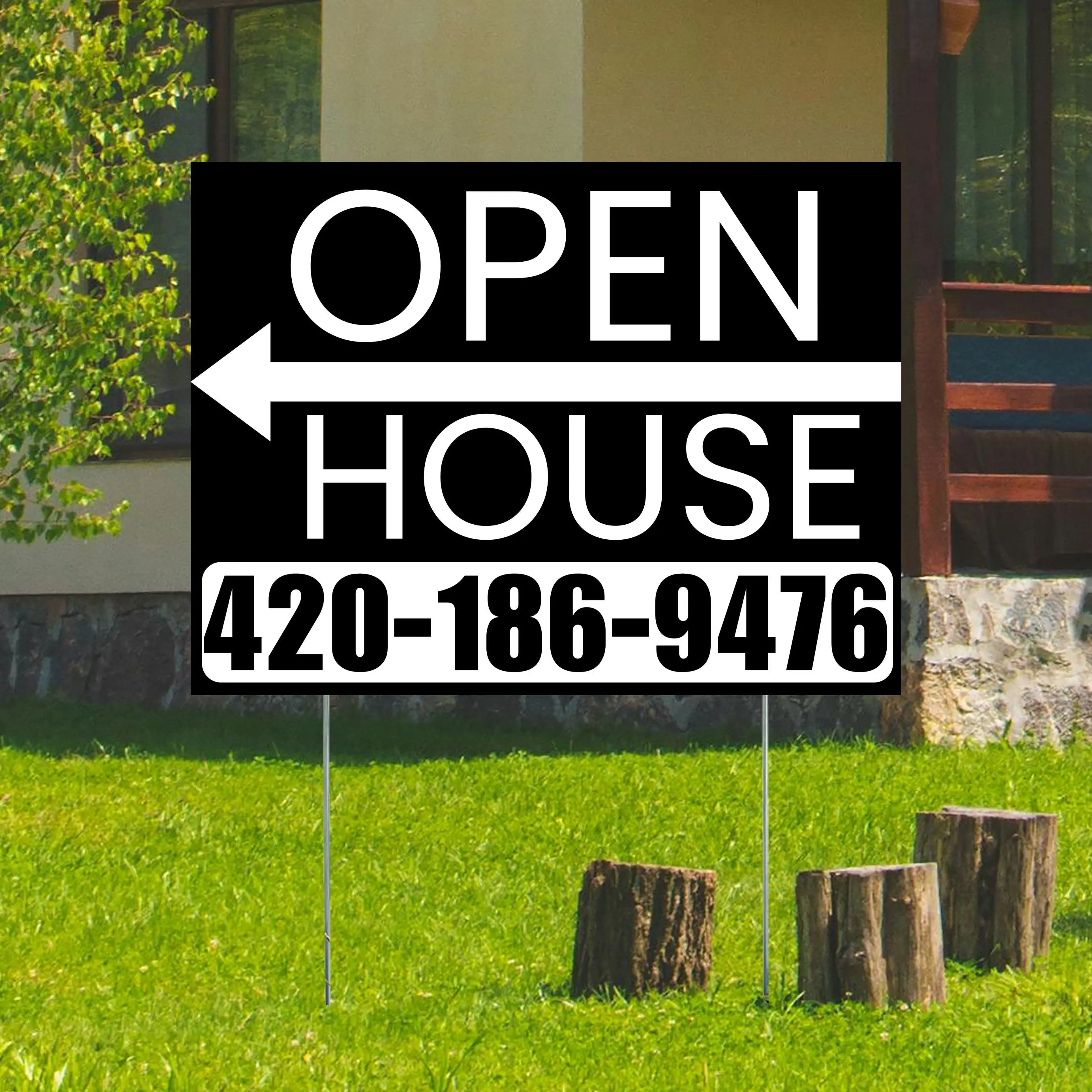 Real Estate - Open House - Plain Black White - Left Arrow Design YardSigns.com