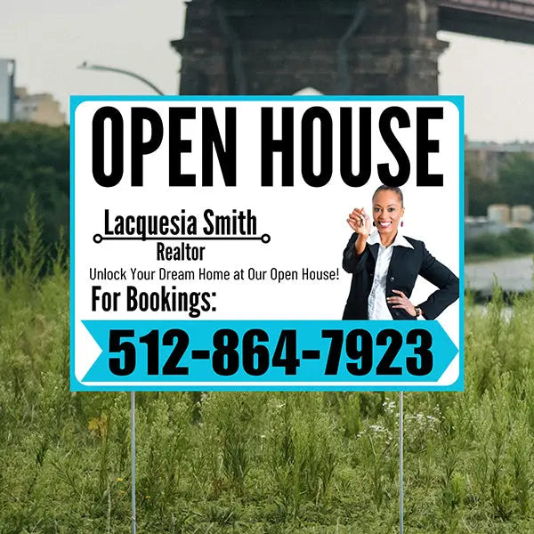 Real Estate - Open House - Plain Realtor White Aqua Blue Design YardSigns.com