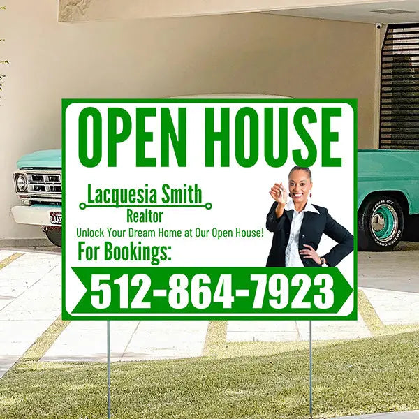 Real Estate - Open House - Plain Realtor White Green Design YardSigns.com