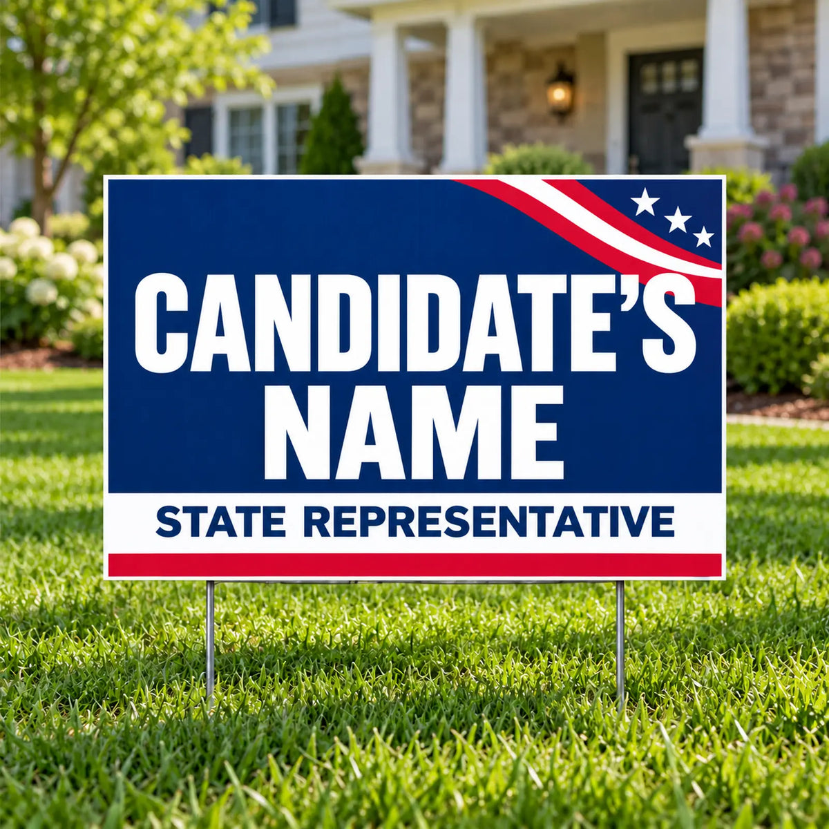 A customizable political yard sign reading 'CANDIDATE'S NAME STATE REPRESENTATIVE' in white text on a blue background with a red and white striped star pattern, displayed on a green lawn in front of a house.