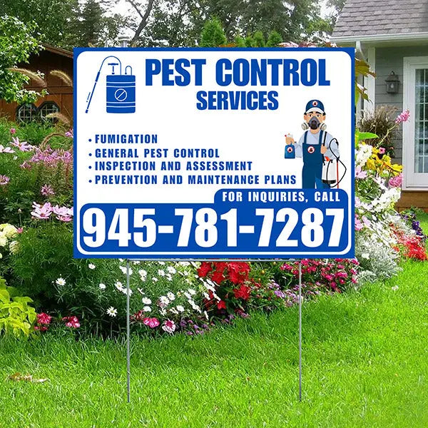 Pest Control Services - Fumigation, General Pest Control, Inspection and Assessment, Prevention and Maintenance Plans - Plain Blue White Design - YardSigns.com