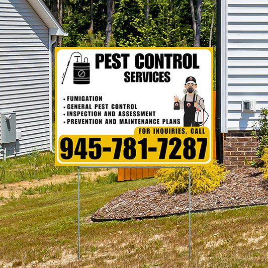 Pest Control Services - Fumigation, General Pest Control, Inspection and Assessment, Prevention and Maintenance Plans - Plain Mustard Gold White Design - YardSigns.com