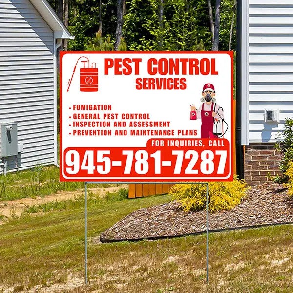 Pest Control Services - Fumigation, General Pest Control, Inspection and Assessment, Prevention and Maintenance Plans - Plain Chili Red White Design - YardSigns.com
