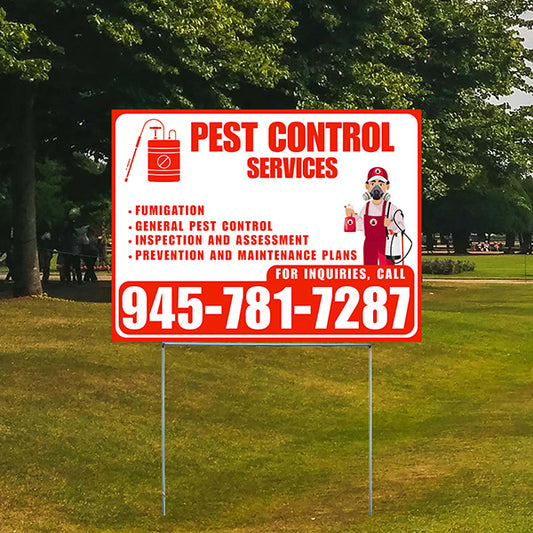 Pest Control Services - Fumigation, General Pest Control, Inspection and Assessment, Prevention and Maintenance Plans - Plain Chili Red White Design - YardSigns.com