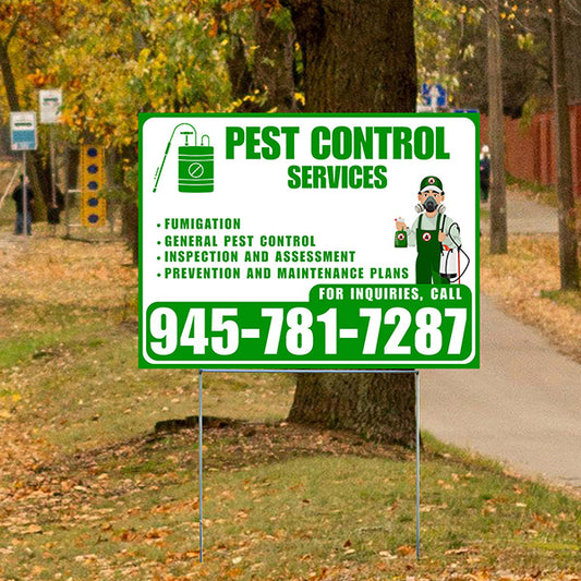 Pest Control Services - Fumigation, General Pest Control, Inspection and Assessment, Prevention and Maintenance Plans - Plain Green White Design - YardSigns.com