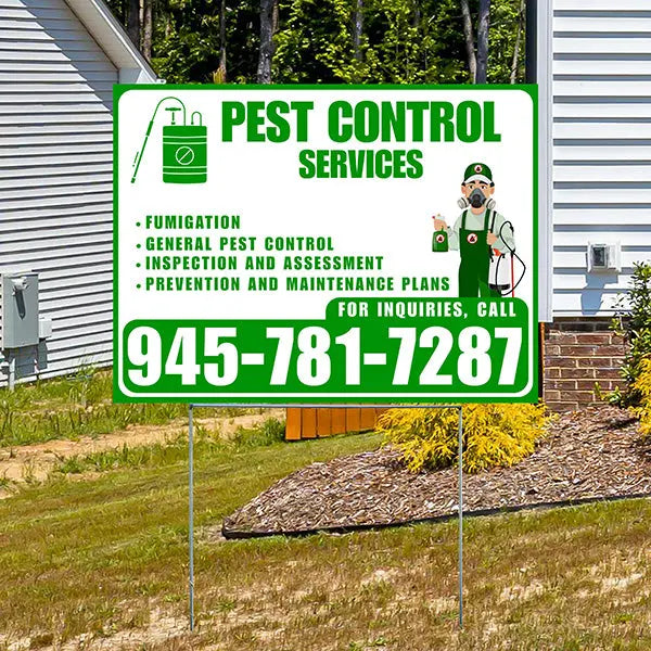 Pest Control Services - Fumigation, General Pest Control, Inspection and Assessment, Prevention and Maintenance Plans - Plain Green White Design - YardSigns.com