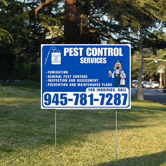 Pest Control Services - Fumigation, General Pest Control, Inspection and Assessment, Prevention and Maintenance Plans - Plain White Blue Design - YardSigns.com