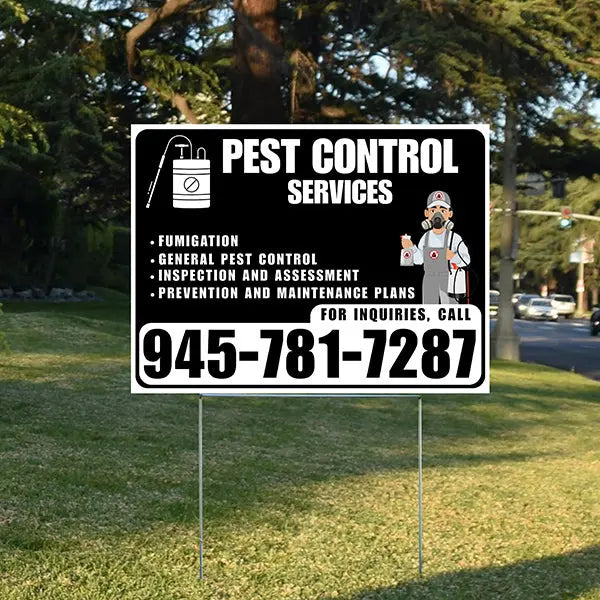 Pest Control Services - Fumigation, General Pest Control, Inspection and Assessment, Prevention and Maintenance Plans - Plain White Black Design - YardSigns.com