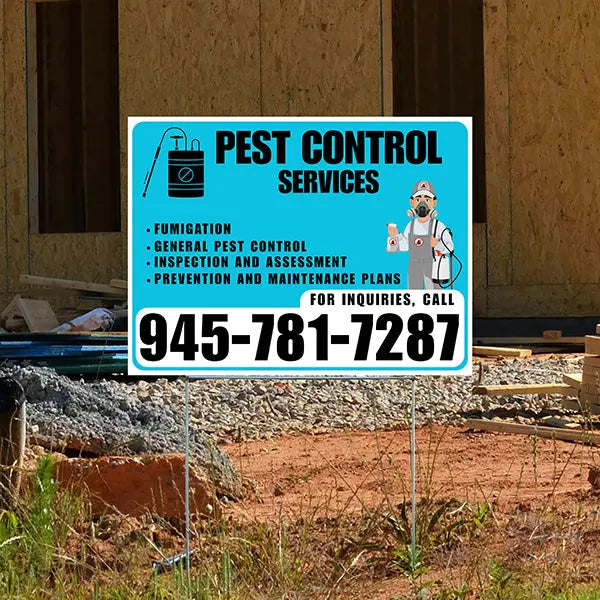 Pest Control Services - Fumigation, General Pest Control, Inspection and Assessment, Prevention and Maintenance Plans - Plain White Aqua Blue Design - YardSigns.com