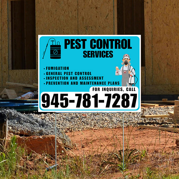 Pest Control Services - Fumigation, General Pest Control, Inspection and Assessment, Prevention and Maintenance Plans - Plain White Aqua Blue Design - YardSigns.com