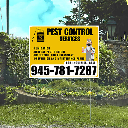 Pest Control Services - Fumigation, General Pest Control, Inspection and Assessment, Prevention and Maintenance Plans - Plain White Mustard Gold Design - YardSigns.com