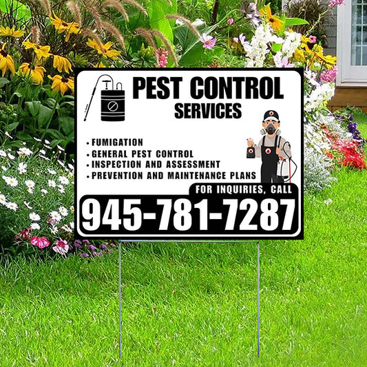 Pest Control Services - Fumigation, General Pest Control, Inspection and Assessment, Prevention and Maintenance Plans - Plain Black White Design - YardSigns.com
