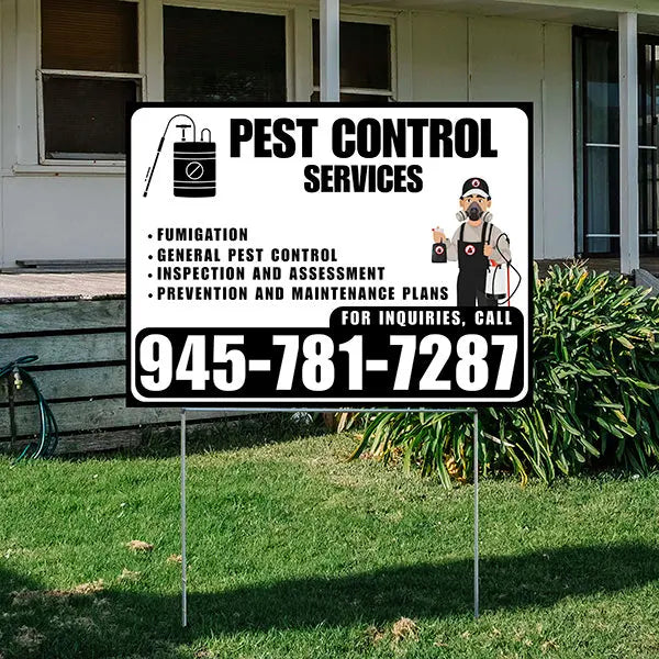 Pest Control Services - Fumigation, General Pest Control, Inspection and Assessment, Prevention and Maintenance Plans - Plain Black White Design - YardSigns.com