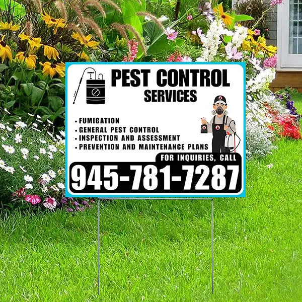 Pest Control Services - Fumigation, General Pest Control, Inspection and Assessment, Prevention and Maintenance Plans - Plain Aqua Blue White Design - YardSigns.com