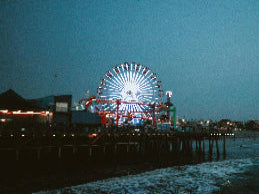 Ferris wheel at night with ocean in the foreground